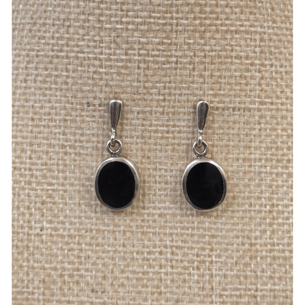 Classic Oval Sterling Silver & Black Onyx Dangle‎ Post Earrings 925